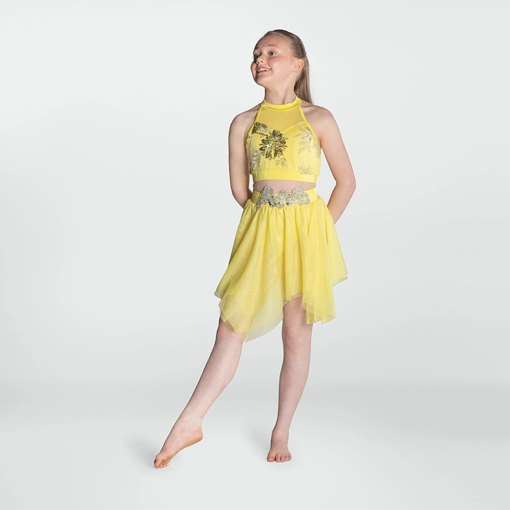 1st Position two piece lyrical dance costume with sequin crop top and handkerchief skirt