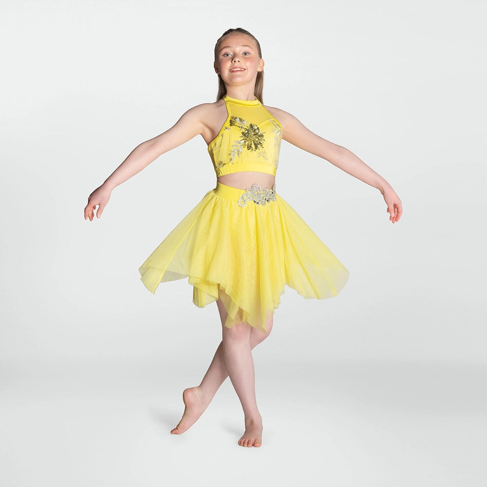 1st Position two piece lyrical dance costume with sequin crop top and handkerchief skirt