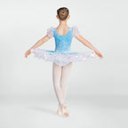 1st Position floral ballet tutu costume in blue with ribbon corset, puff sleeves and layered net skirt for ballet performances and competitions