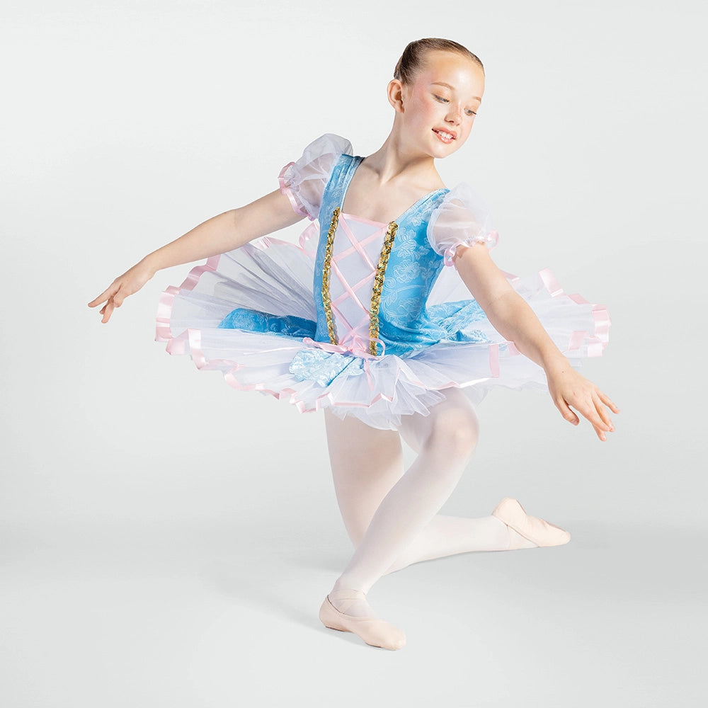 1st Position floral ballet tutu costume in blue with ribbon corset, puff sleeves and layered net skirt for ballet performances and competitions