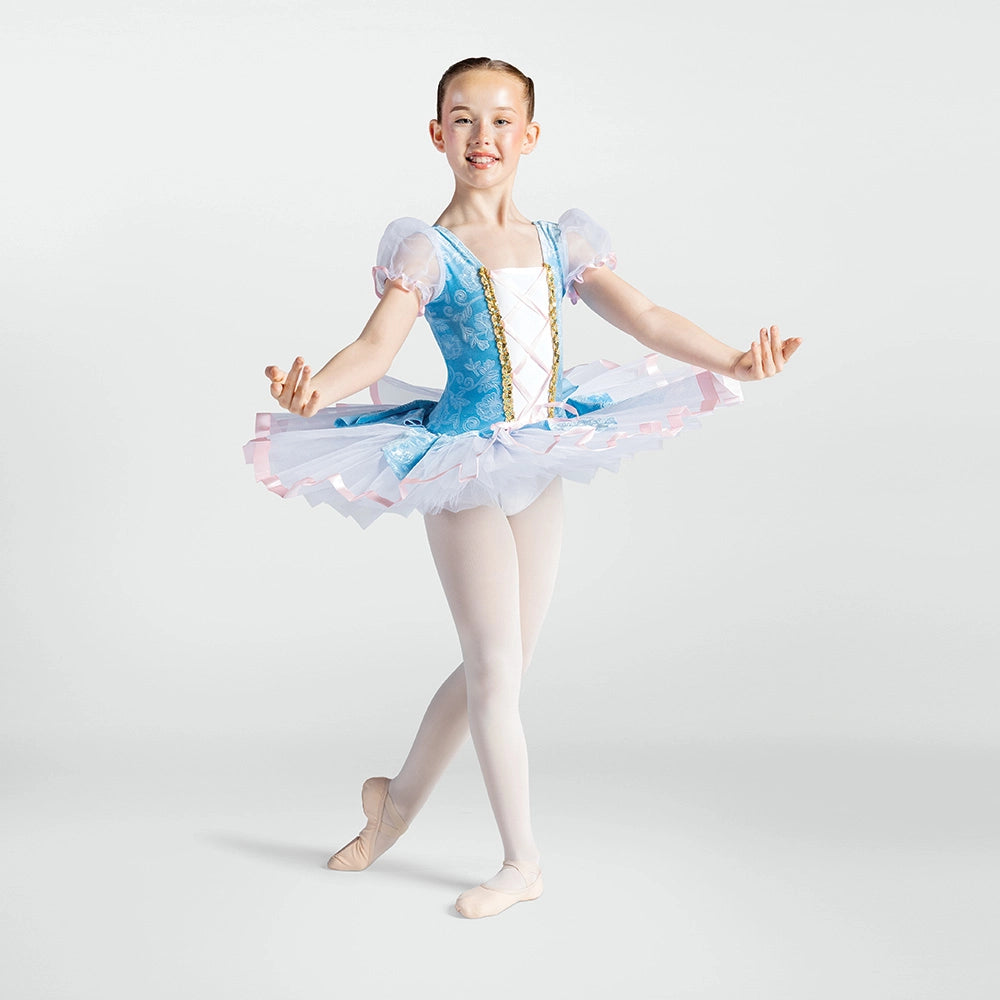 1st Position floral ballet tutu costume in blue with ribbon corset, puff sleeves and layered net skirt for ballet performances and competitions