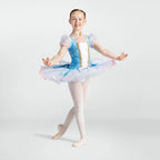 1st Position floral ballet tutu costume in blue with ribbon corset, puff sleeves and layered net skirt for ballet performances and competitions
