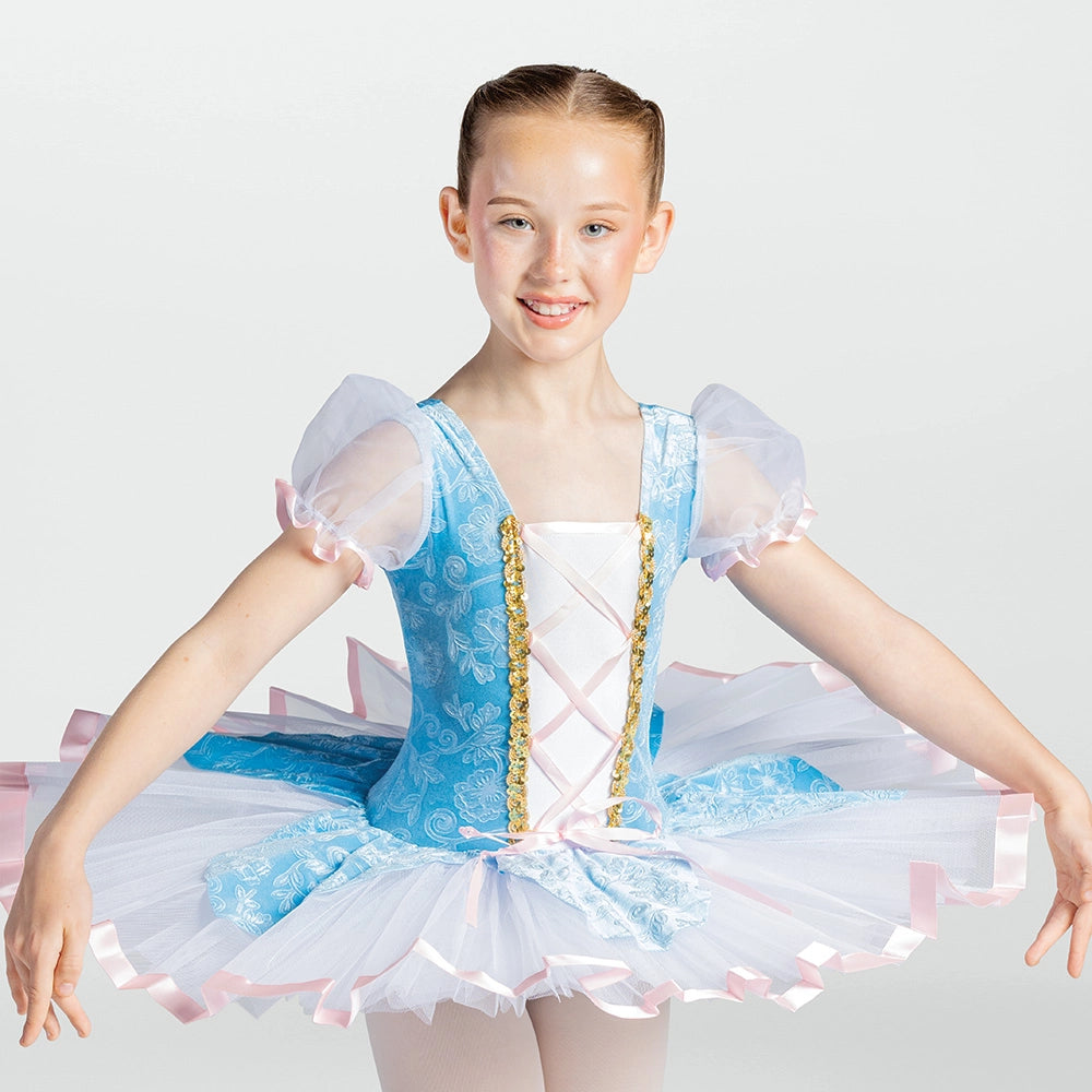 1st Position floral ballet tutu costume in blue with ribbon corset, puff sleeves and layered net skirt for ballet performances and competitions