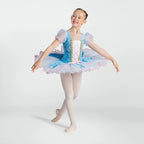 1st Position floral ballet tutu costume in blue with ribbon corset, puff sleeves and layered net skirt for ballet performances and competitions