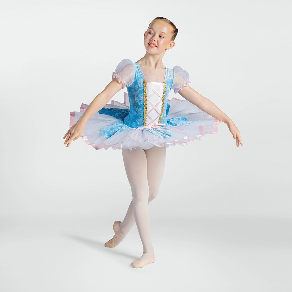 1st Position floral ballet tutu costume in blue with ribbon corset, puff sleeves and layered net skirt for ballet performances and competitions
