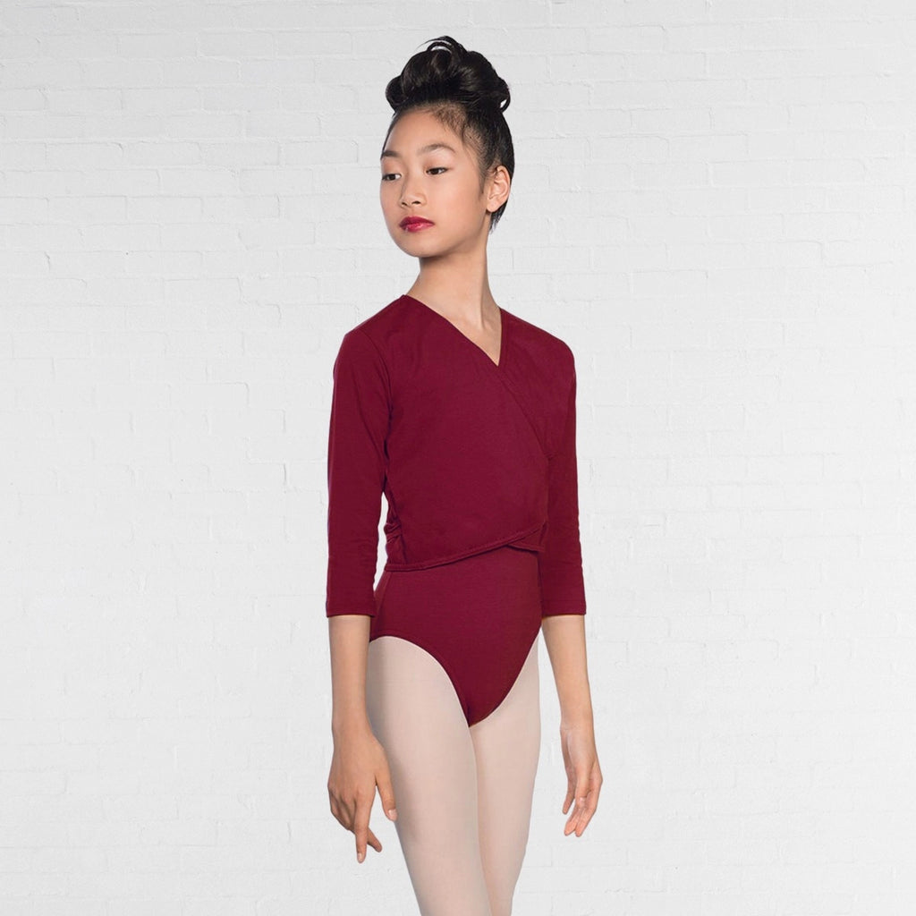 1st Position 3/4 sleeve ballet crossover cardigan in burgundy