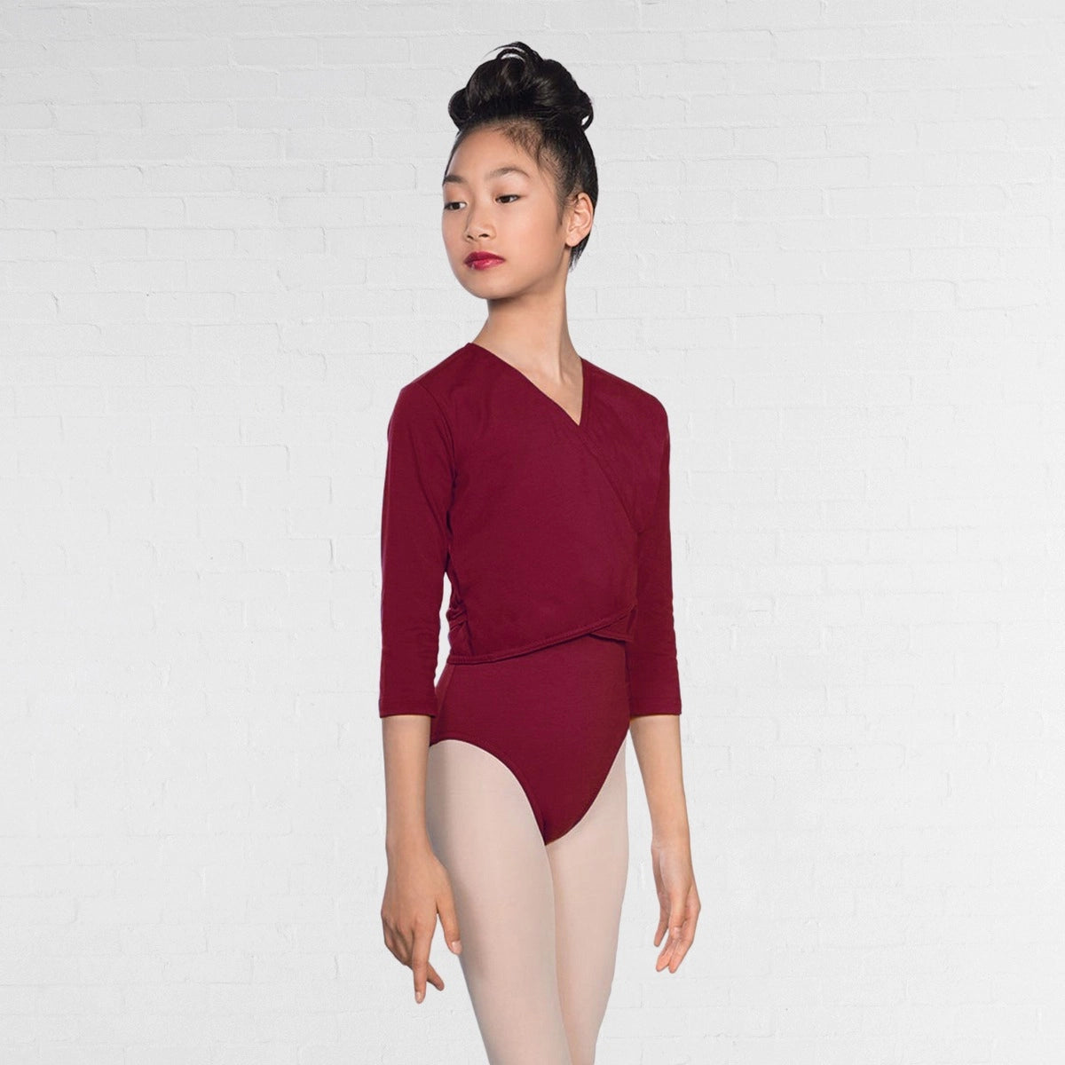 1st Position 3/4 sleeve ballet crossover cardigan in burgundy