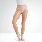 Beige tights worn by a person on a white background