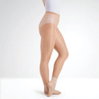 Beige tights worn by a person on a white background