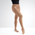 Beige tights worn by a person on a white background