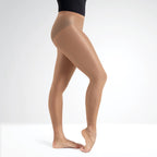 Beige tights worn by a person on a white background