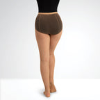 Beige fishnet tights with brown mesh top on a white background