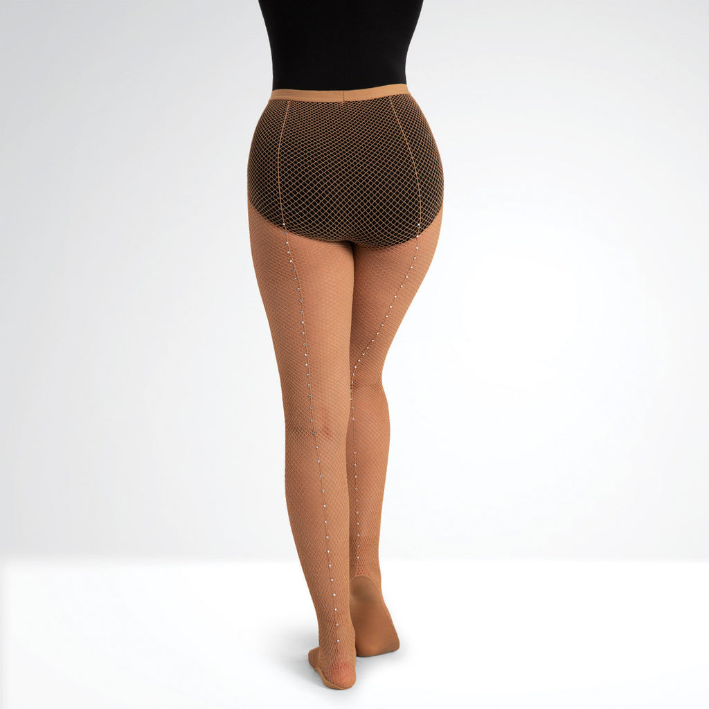 Brown fishnet tights with a patterned waistband on a white background