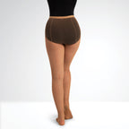 Brown fishnet tights with a patterned waistband on a white background