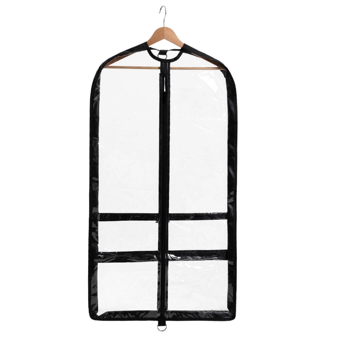 Clear garment bag with black border on a white background