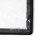 Corner of a black and clear Capezio dance mat with brand name.