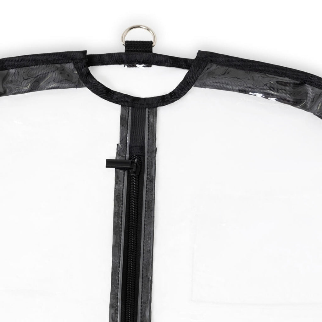 Close-up of a black garment hanger with a clear plastic cover on a white background