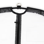 Close-up of a black garment hanger with a clear plastic cover on a white background