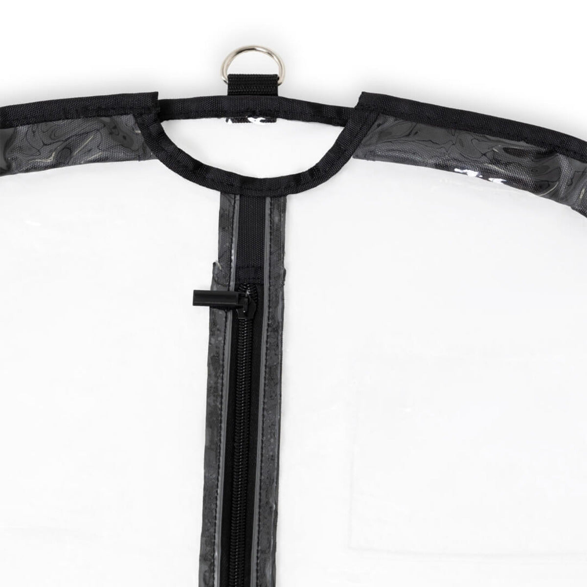 Close-up of a black garment hanger with a clear plastic cover on a white background