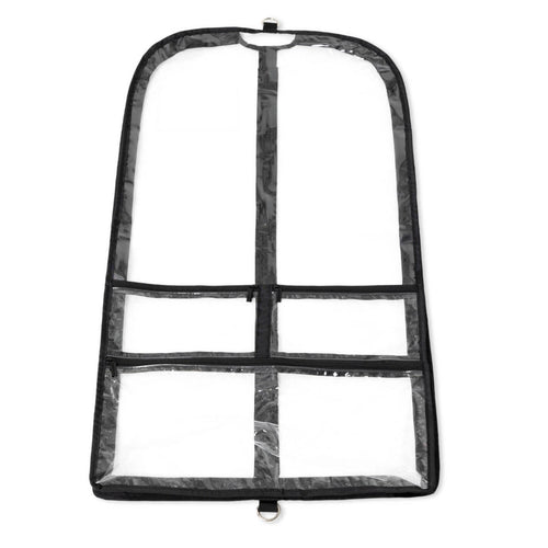 Clear plastic garment bag with black mesh sides on a white background