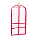 Clear garment bag with pink trim on a wooden hanger against a white background