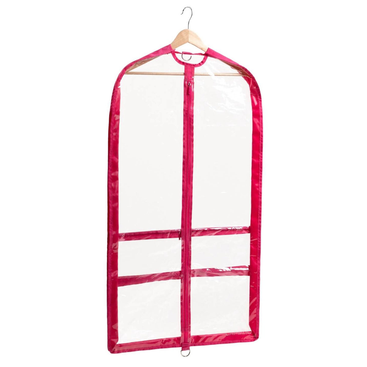 Clear garment bag with pink trim on a wooden hanger against a white background