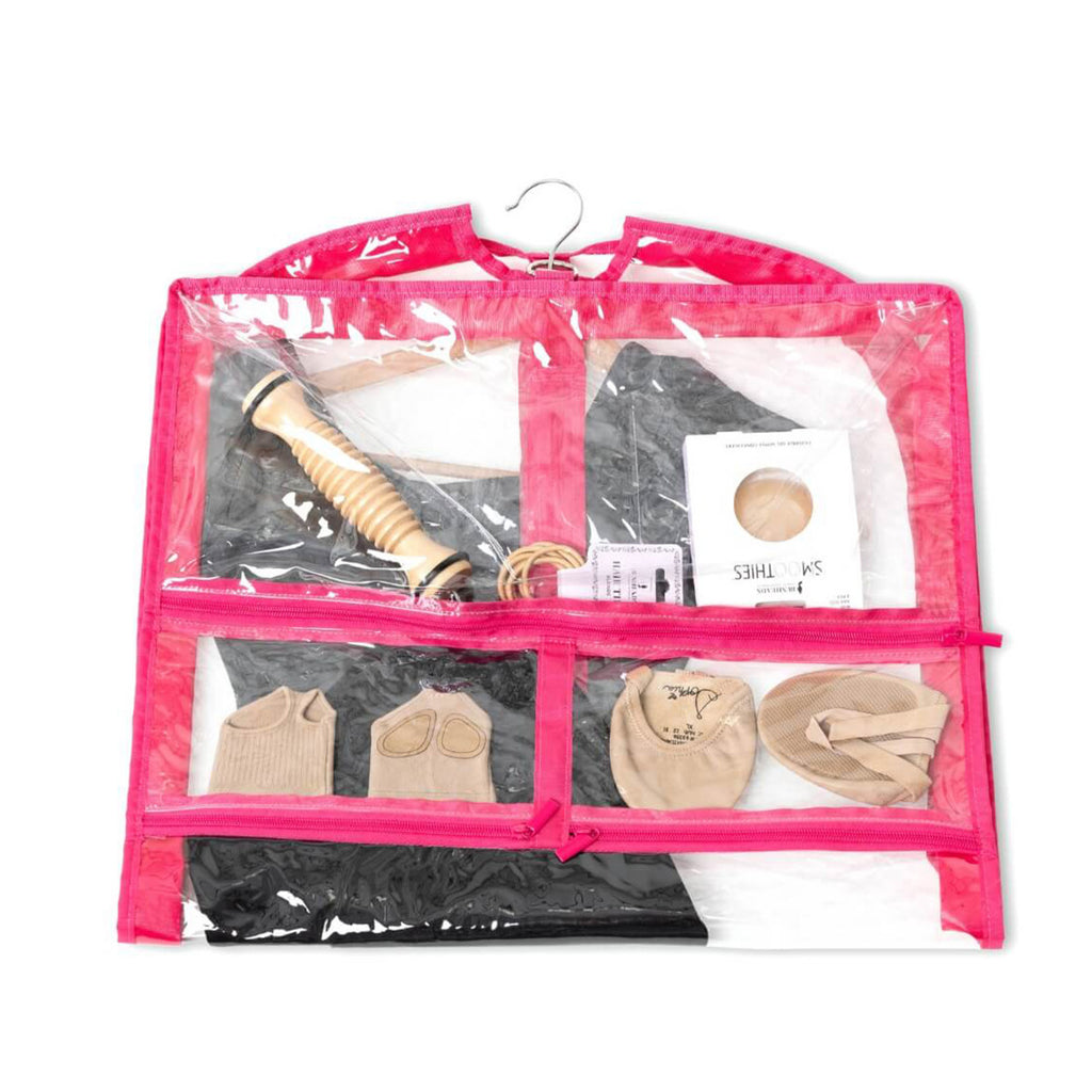 Clear travel organizer with pink frame displaying various items including socks and underwear.