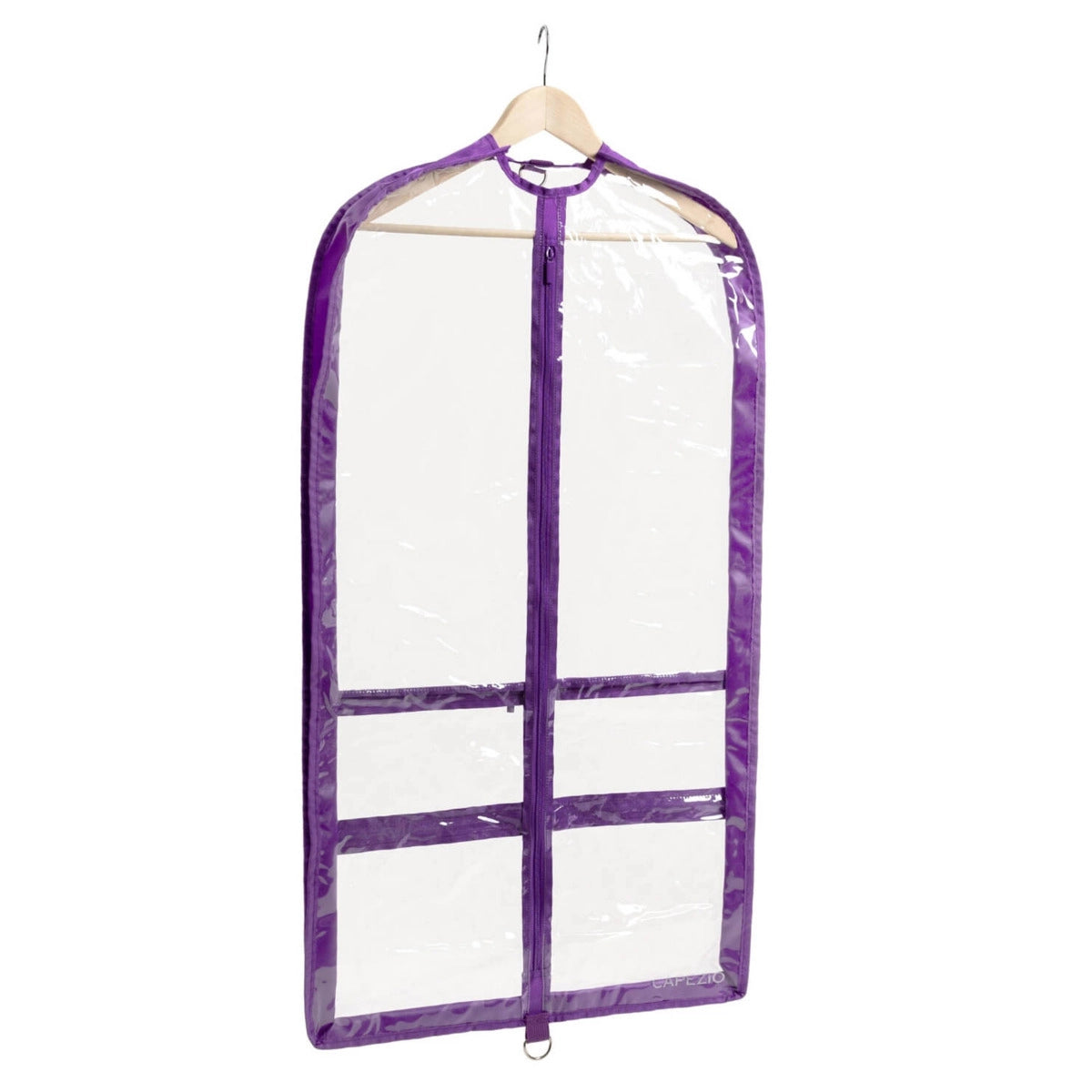 Clear garment bag with purple trim on a white background