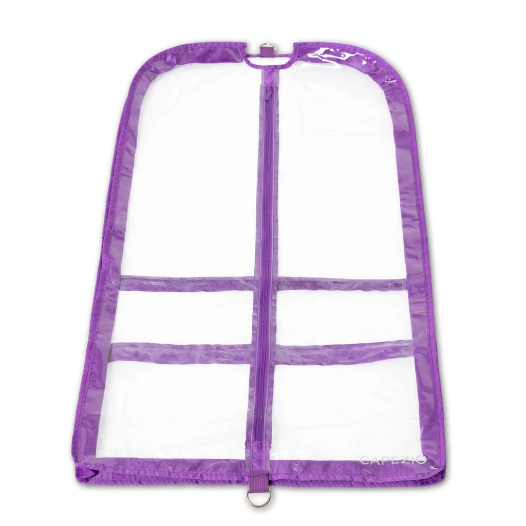 Purple garment bag with clear front on a white background
