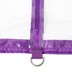 Close-up of a purple mesh bag with a zipper and metal ring on a white background