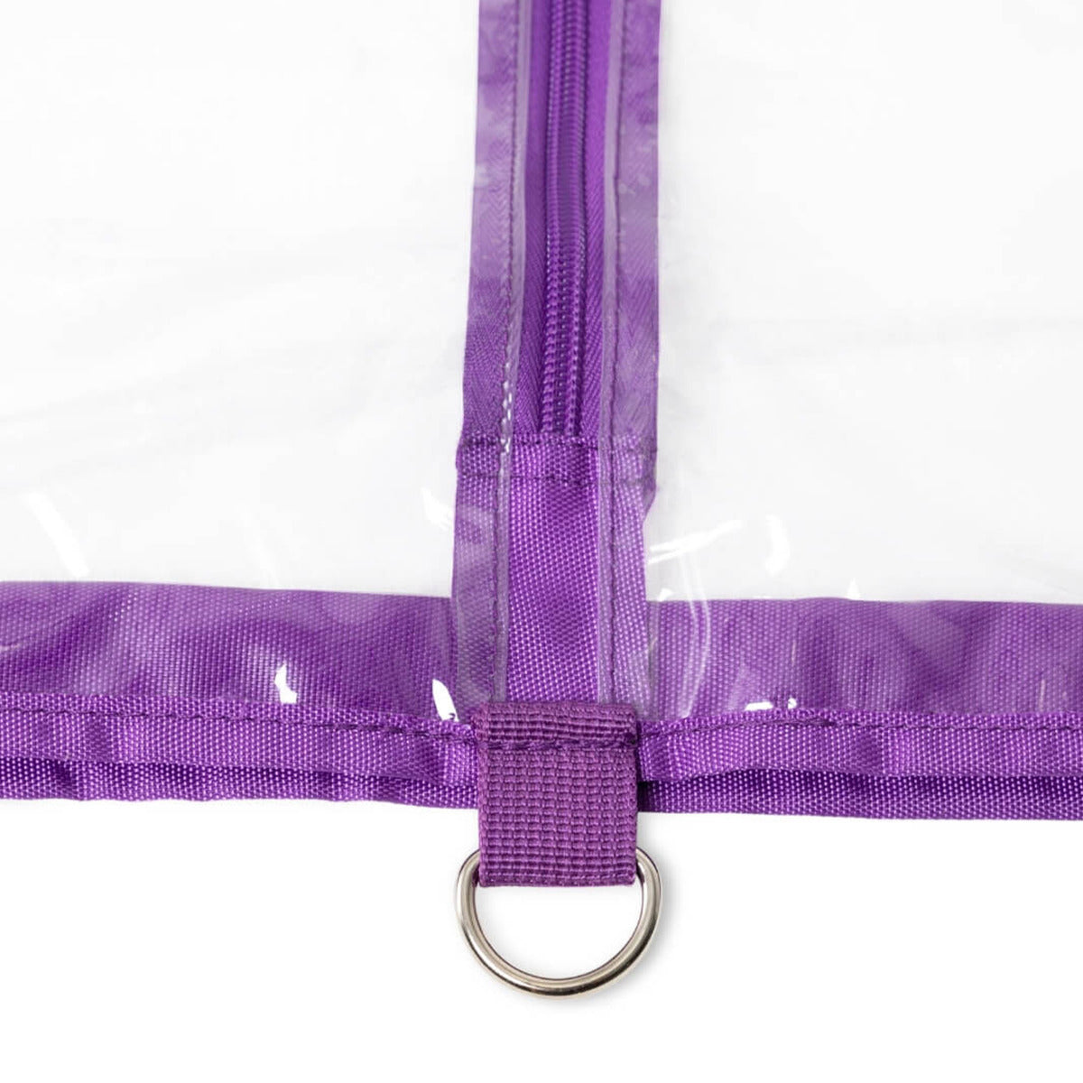 Close-up of a purple mesh bag with a zipper and metal ring on a white background
