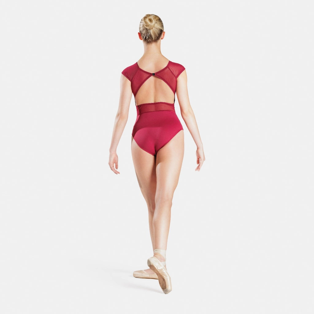 1st Position raglan sleeve open back leotard with mesh panels