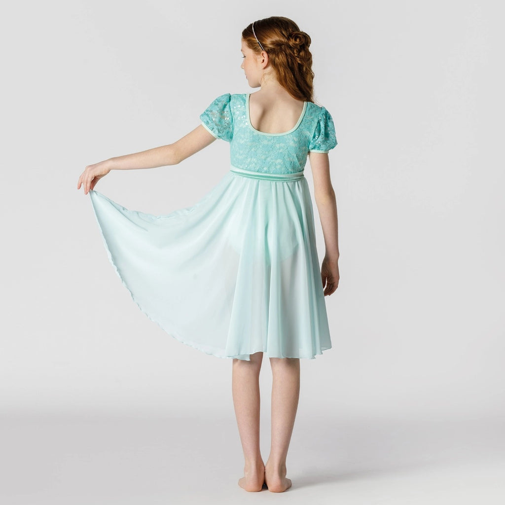 Back view of 1st Position mint green lace lyrical dance dress