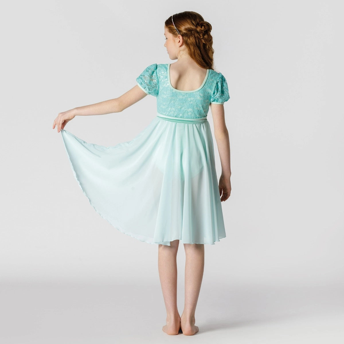 Back view of 1st Position mint green lace lyrical dance dress