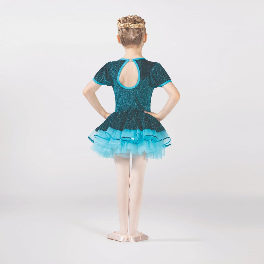 1st Position teal ballet tutu dress with metallic bodice, puff sleeves, sequin panel and layered tutu skirt for ballet performances and competitions