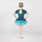 1st Position teal ballet tutu dress with metallic bodice, puff sleeves, sequin panel and layered tutu skirt for ballet performances and competitions