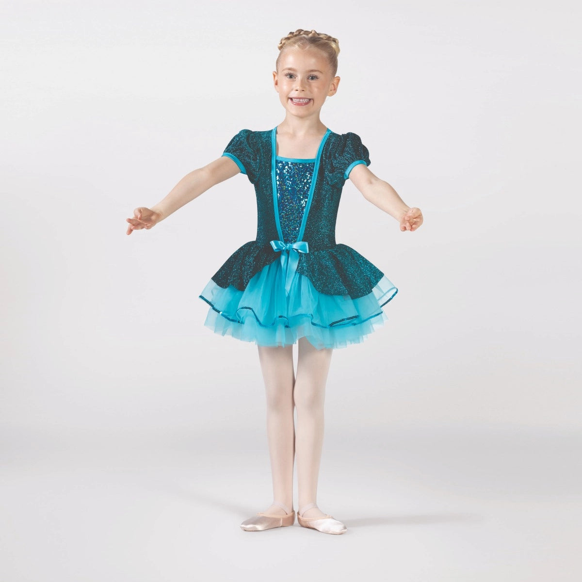 1st Position teal ballet tutu dress with metallic bodice, puff sleeves, sequin panel and layered tutu skirt for ballet performances and competitions