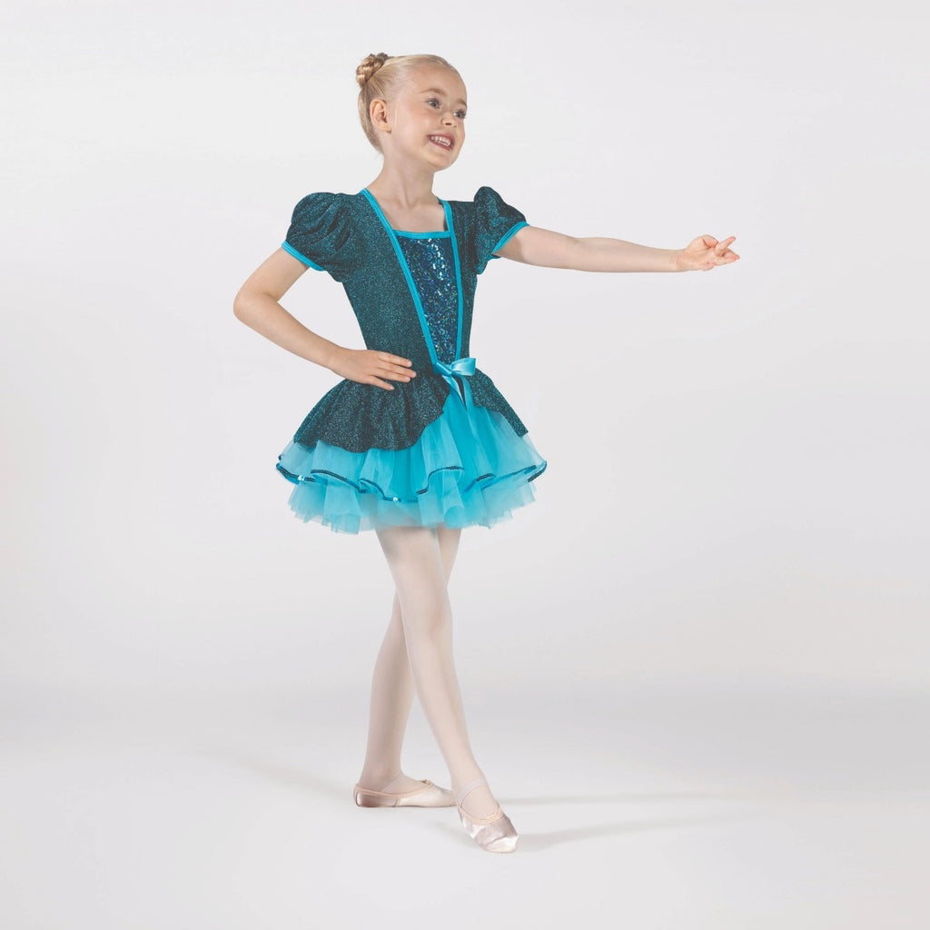 1st Position teal ballet tutu dress with metallic bodice, puff sleeves, sequin panel and layered tutu skirt for ballet performances and competitions