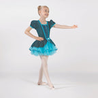 1st Position teal ballet tutu dress with metallic bodice, puff sleeves, sequin panel and layered tutu skirt for ballet performances and competitions