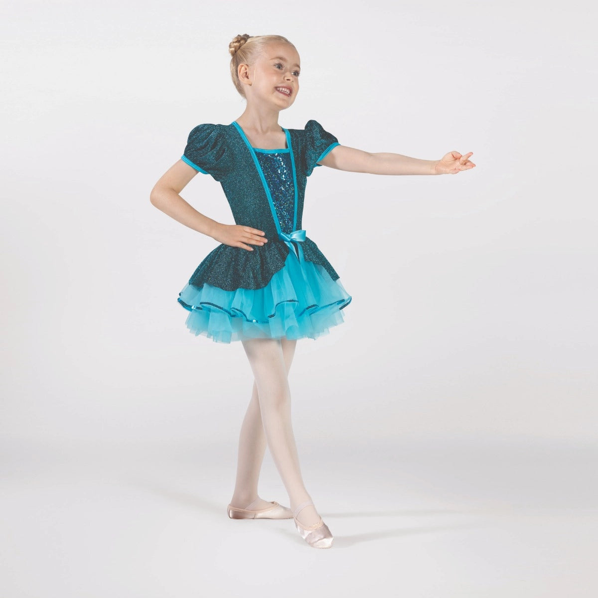 1st Position teal ballet tutu dress with metallic bodice, puff sleeves, sequin panel and layered tutu skirt for ballet performances and competitions
