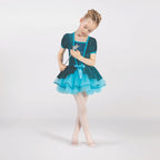 1st Position teal ballet tutu dress with metallic bodice, puff sleeves, sequin panel and layered tutu skirt for ballet performances and competitions
