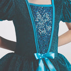 1st Position teal ballet tutu dress with metallic bodice, puff sleeves, sequin panel and layered tutu skirt for ballet performances and competitions