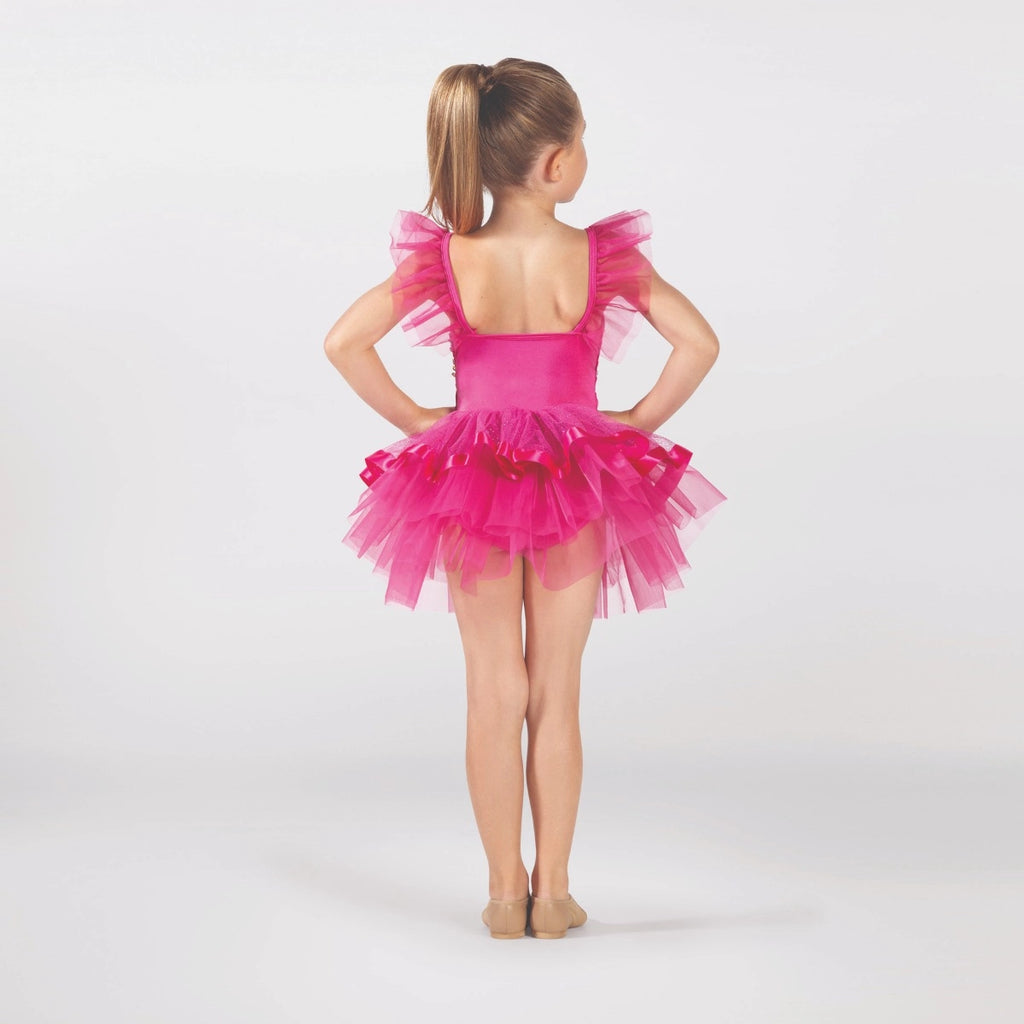 1st Position pink sequin tutu costume with flutter sleeves, glitter tutu skirt and ribbon trim for ballet performances, competitions and themed dance shows