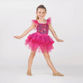 1st Position pink sequin tutu costume with flutter sleeves, glitter tutu skirt and ribbon trim for ballet performances, competitions and themed dance shows