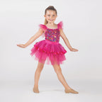 1st Position pink sequin tutu costume with flutter sleeves, glitter tutu skirt and ribbon trim for ballet performances, competitions and themed dance shows
