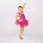1st Position pink sequin tutu costume with flutter sleeves, glitter tutu skirt and ribbon trim for ballet performances, competitions and themed dance shows