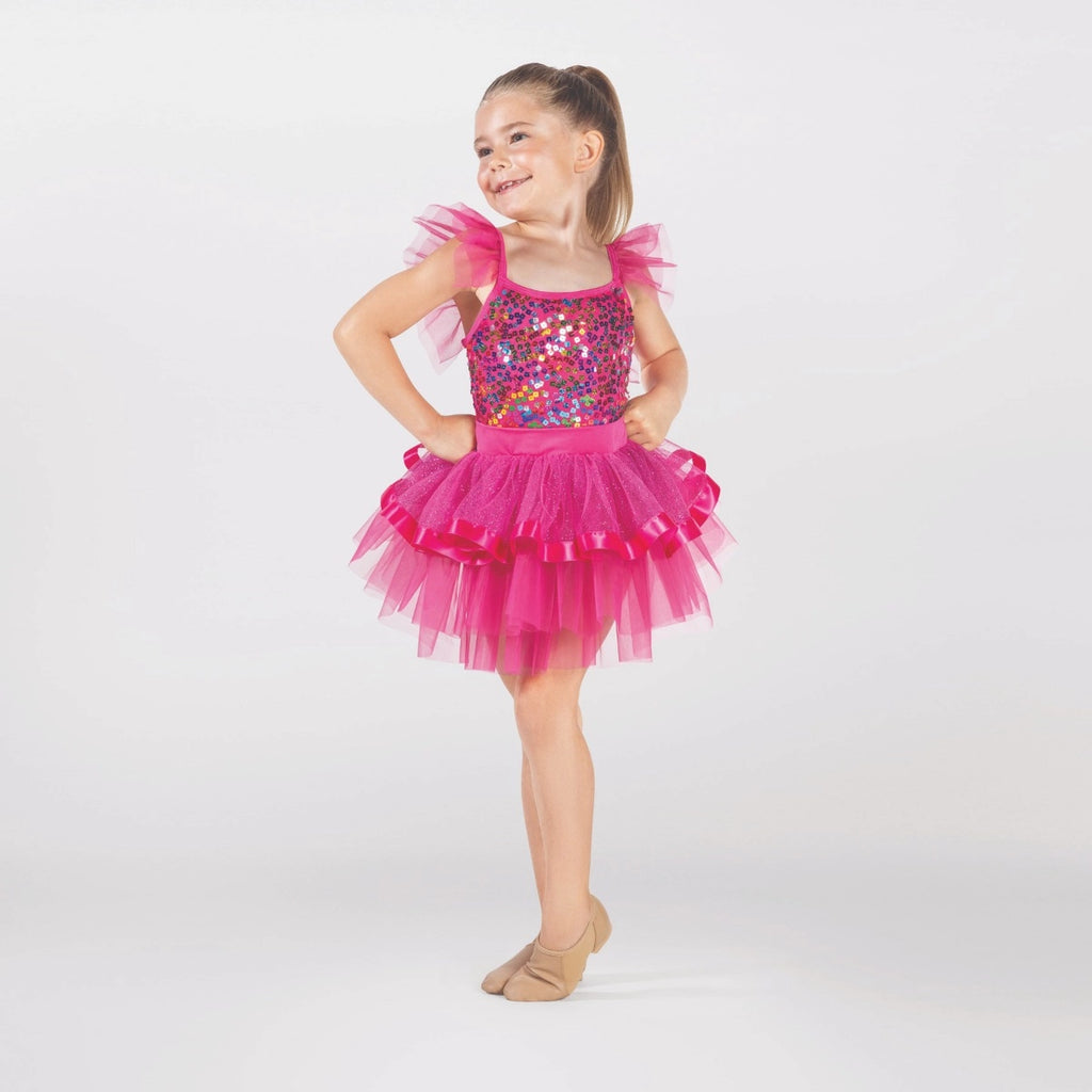 1st Position pink sequin tutu costume with flutter sleeves, glitter tutu skirt and ribbon trim for ballet performances, competitions and themed dance shows