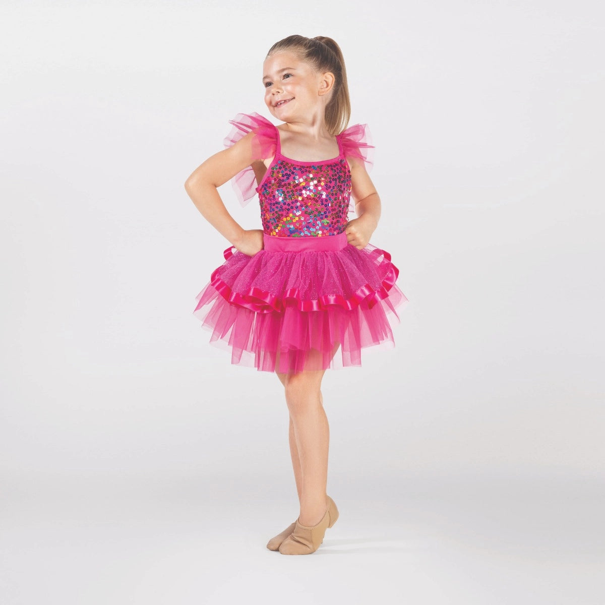 1st Position pink sequin tutu costume with flutter sleeves, glitter tutu skirt and ribbon trim for ballet performances, competitions and themed dance shows
