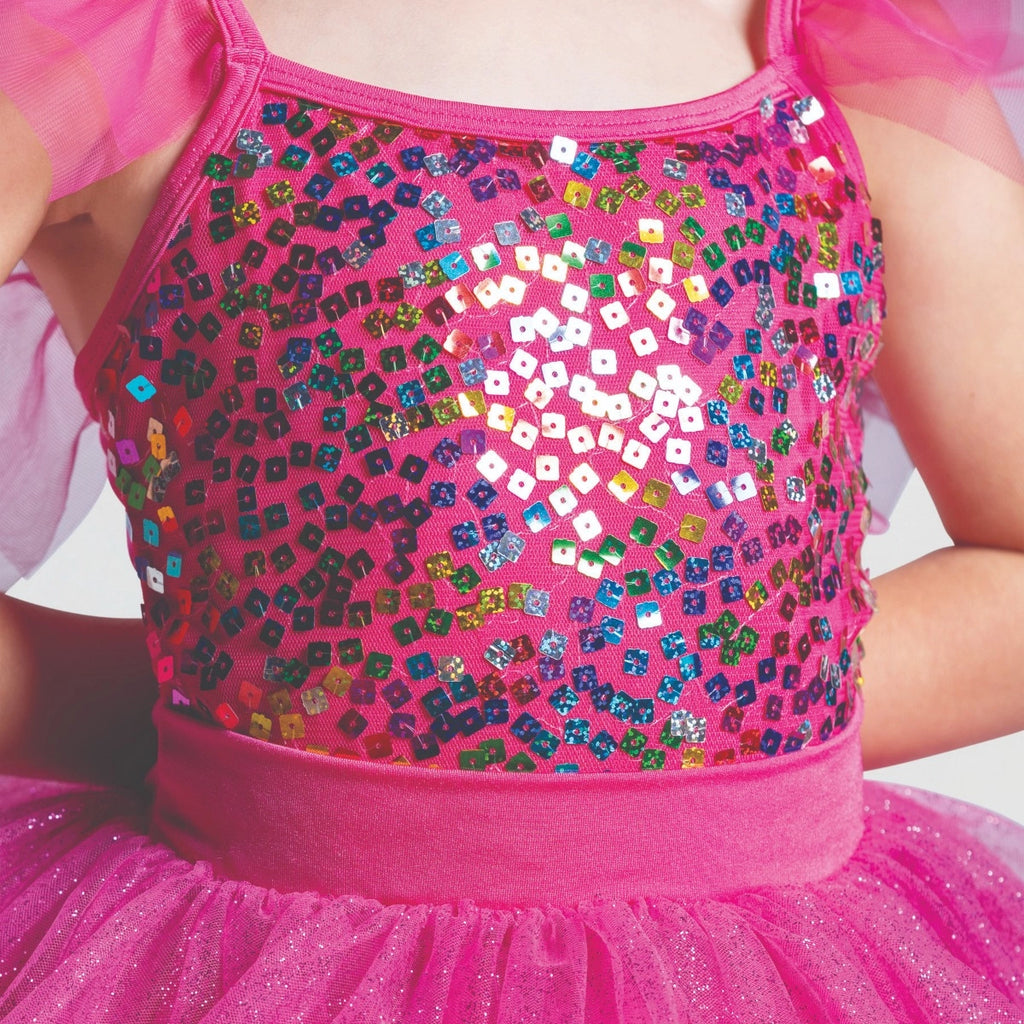 1st Position pink sequin tutu costume with flutter sleeves, glitter tutu skirt and ribbon trim for ballet performances, competitions and themed dance shows