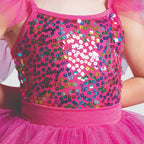 1st Position pink sequin tutu costume with flutter sleeves, glitter tutu skirt and ribbon trim for ballet performances, competitions and themed dance shows
